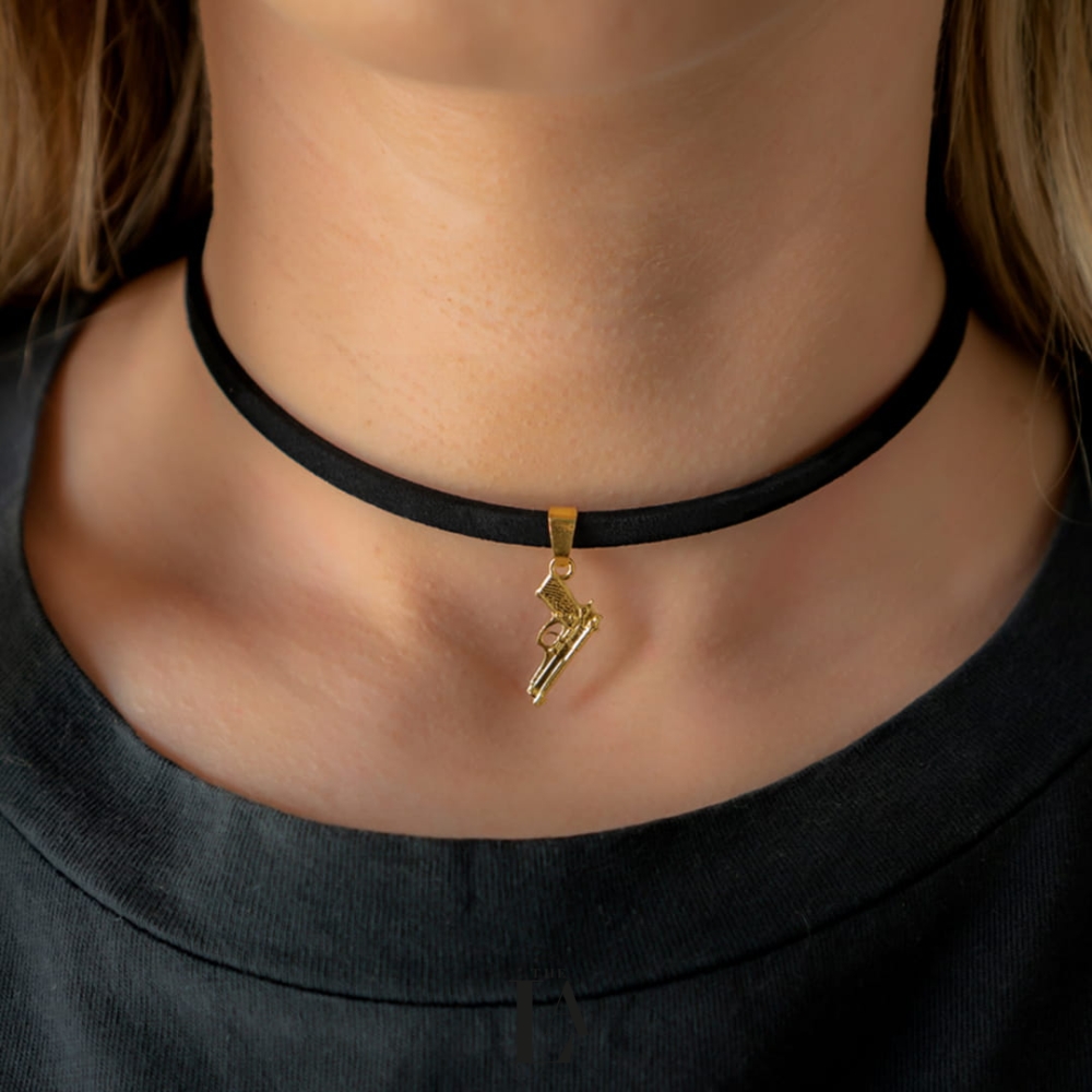 Choker Czarna Alcantara Pistolet Gold