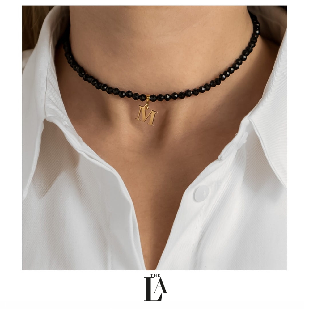 Choker Czarny Spinel Literka Gold