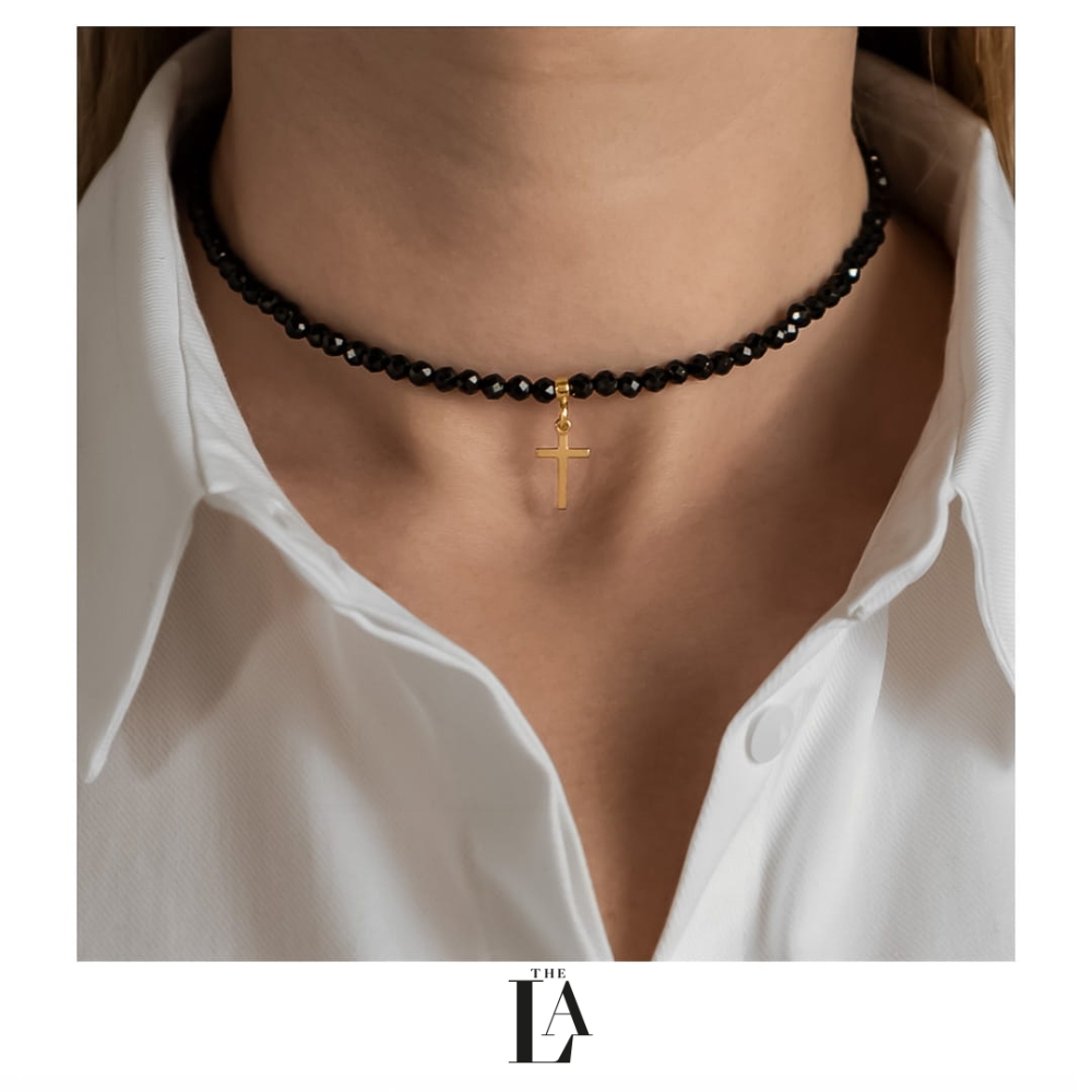Choker Czarny Spinel Mały Krzyż THE FAITH